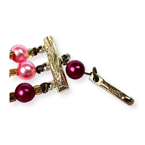Japan Necklace Clip On Earring Set Multi Tone Pink Bead Gold Tone Collar Choker - Picture 7 of 8